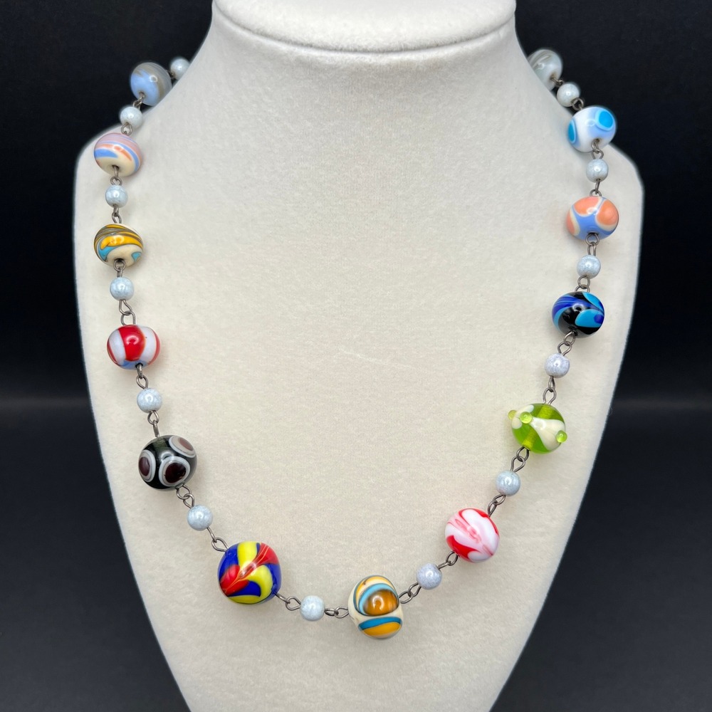 Vintage Beaded Necklace Lampwork Art Glass Multicolor Marbled 20" - Picture 2 of 10